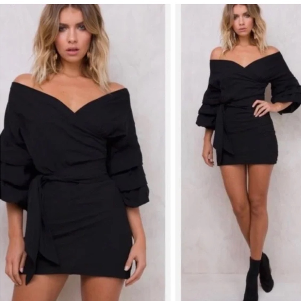 Lioness Cha Cha Black Puff Sleeve Off Shoulder Wrap Mini Dress